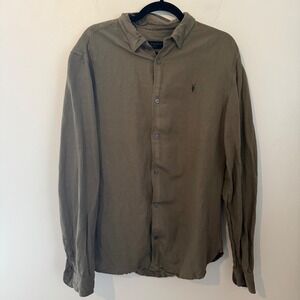 AllSaints Mens Olive Green Linen Blend Ramskull Button Down Shirt Large